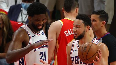Philadelphia 76ers players Joel Embiid, left, and Ben Simmons during the Game 3 win over Atlanta Hawks. AFP