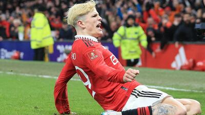 Manchester United's Argentinian midfielder Alejandro Garnacho celebrates after scoring his team second goal during the English FA Cup fifth round football match between Manchester United and West Ham at Old Trafford in Manchester, north west England, on March 1, 2023. (Photo by Lindsey Parnaby / AFP) / RESTRICTED TO EDITORIAL USE. No use with unauthorized audio, video, data, fixture lists, club/league logos or 'live' services. Online in-match use limited to 120 images. An additional 40 images may be used in extra time. No video emulation. Social media in-match use limited to 120 images. An additional 40 images may be used in extra time. No use in betting publications, games or single club/league/player publications. /