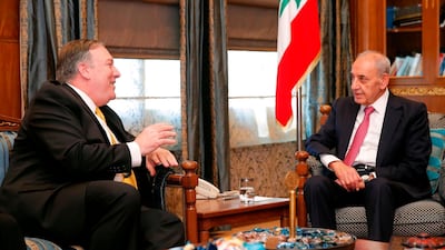 Mr Pompeo meets with Lebanese Parliament Speaker Nabih Berri in Beirut. AFP