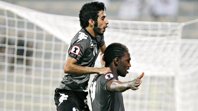 Makhete Diop is jumped after scoring against Al Wasl in their Etisalat Cup tie. Jeff Topping/The National