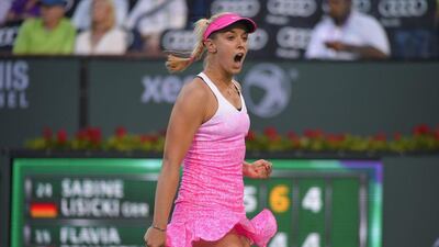 Sabine Lisicki reacts during her win over Flavia Pennetta in the Indian Wells WTA tournament on Thursday in the quarter-finals. Mark J Terrill / AP / March 19, 2015
