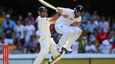 Ricky Ponting cuts away to the offside as the silly point fielder takes cover on day five of the first Ashes Test.