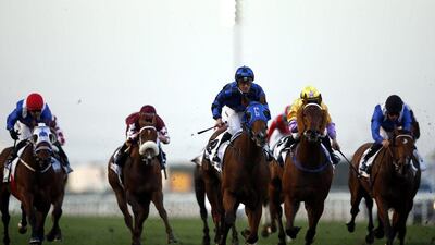 Damian Browne (C) on Buffering from Australia winning the Al Qouz Sprint race during the Dubai World Cup 2016 at the Meydan race course in Gulf emirate of Dubai, United Arab Emirates, 26 March 2016. The Dubai World Cup is one of the richest events in the horse racing sporting calendar. EPA/ALI HAIDER