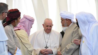 Pope Francis speaks to Iraqi religious figures during an interfaith service at the House of Abraham in the ancient city of Ur in Iraq's southern Dhi Qar province. EPA
