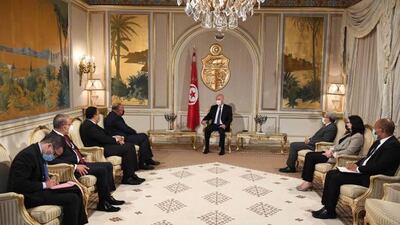 Tunisian President Kais Saied meets with Egypt’s Foreign Minister Sameh Shoukry at the Carthage Palace in Tunis.