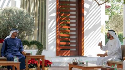 Sheikh Mohammed bin Rashid, Vice President and Ruler of Dubai, and Sheikh Mohamed bin Zayed, Crown Prince of Abu Dhabi and Deputy Supreme Commander of the Armed Forces, meet in Dubai on Monday. Seen with Sheikh Hamdan bin Mohammed, Crown Prince of Dubai, and Sheikh Maktoum bin Mohammed, Deputy Ruler of Dubai. Courtesy: Sheikh Mohammed bin Rashid Twitter