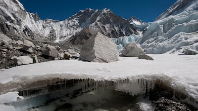 Water forms under Nepal's Khumbu glacier as the ice melts. Reuters