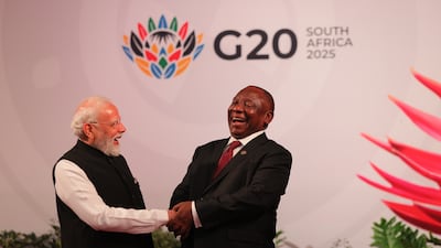Mr Ramaphosa welcomes Indian Prime Minister Narendra Modi. EPA