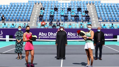Runner-up Veronika Kudermetova and Aryna Sabalenka during the presentation after the final. Getty