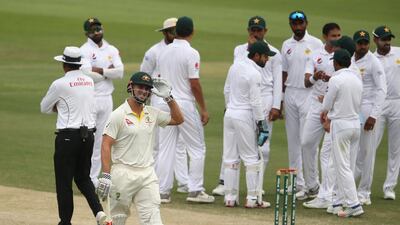 Mitch Marsh leaves the field after being dismissed by Abbas. Getty Images
