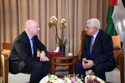 Jason Greenblatt and Mahmoud Abbas hold talks in 2017, before the Palestinian leadership cut contacts with the US over its Jerusalem decision in December that year. Getty
