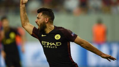 Manchester City's Argentinian striker Sergio Aguero celebrates scoring a goal during the UEFA Champions league first leg play-off football match between Steaua Bucharest and Manchester City at the National Arena stadium in Bucharest on August 16, 2016. (AFP)