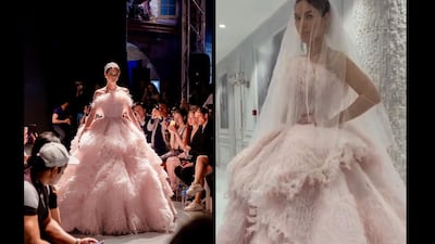 The bride travelled to Dubai from Kiev for a fitting after seeing the gown, which is pictured on the runway, left. Courtesy Michael Cinco