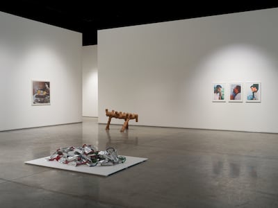 From left, works by Bahman Jalali, Hassan Sharif, Mohamed Ahmed Ibrahim and Mohammed Kazem on display at Gallery Isabelle's 20th anniversary show. Photo: Gallery Isabelle