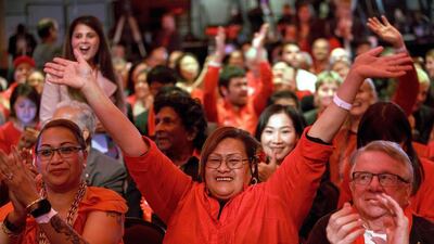 Labour party supporters react as Leader Jacinda Ardern arrives to claim victory. EPA