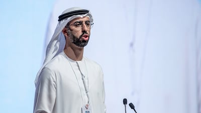 Omar Al Olama, Minister of State for AI, Digital Economy and Remote Work Applications, addresses the International Defence Industry, Technology and Security Conference in Abu Dhabi. Victor Besa / The National