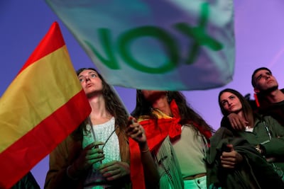 Supporters of Spain's Vox party wait for elections results in Madrid on April 28, 2019. Reuters