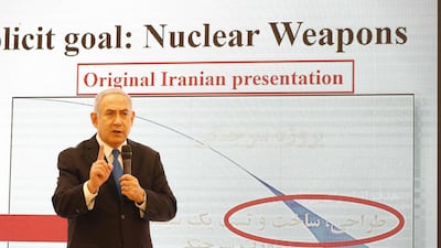 Israeli Prime Minister Benjamin Netanyahu delivers a speech on Iran's nuclear programme at the defence ministry in Tel Aviv on April 30, 2018. Jack Guez / AFP