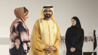 Sheikh Mohammed bin Rashid presents medals during the UAE Pioneers Awards Ceremony in Dubai. Sarah Dea / The National