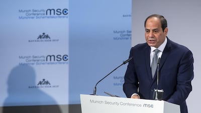 Abdel Fattah El Sisi on stage at the Munich Security Summit in Germany. Courtesy: Munich Security Summit