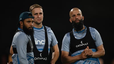 England's Adil Rashid, left, Liam Livingstone and Moeen Ali, right, during training in Bengaluru. Getty