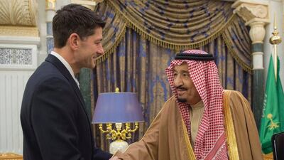 Saudi King Salman shakes hands with the US House speaker Paul Ryan, in Riyadh, Saudi Arabia on Wednesday, Jan. 24, 2018. Saudi Press Agency via AP
