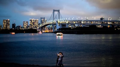 Selfies at Odaiba Marine Park in Tokyo. AFP