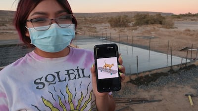 Kira Nevayaktewa displays the logo she helped create for the skate spot. AP