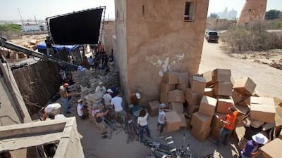 The crew sets up for another scene of Djinn.