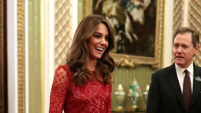 Catherine, Duchess of Cambridge, wears a Needle & Thread dress at a reception at Buckingham Palace to mark the UK-Africa Investment Summit in London on January 20, 2020. Reuters