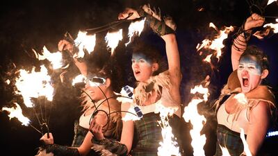 Celtic Fire Theatre company PyroCeltica perform ahead of the torchlight procession on the Royal Mile for the start of the Hogmanay celebrations in Edinburgh. Getty