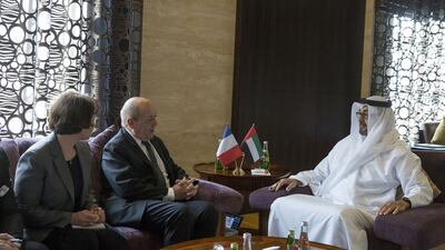 Sheikh Mohammed bin Zayed, Crown Prince of Abu Dhabi and Deputy Supreme Commander of the Armed Forces, received French defence minister Jean-Yves Le Drian at Shatea Palace on Monday, where they discussed matters of mutual interest. Mohamed Al Hammadi / Crown Prince Court – Abu Dhabi