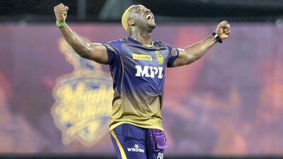 Andre Russell of Kolkata Knight Riders celebrates the wicket of Rahul Chahar