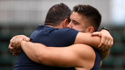 France hooker Guilhem Guirado and prop Cyril Baille attend a training session at the Suizenji Athletic Field in Kumamoto. AFP