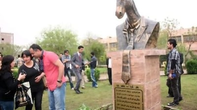The bronze statue of a donkey in a suit and tie by Kurdish sculptor Zerak Mira is unveiled by the Iraqi Kurdish political party called the Donkeys' Party on April 11. The party was founded and officially authorised in 2005.