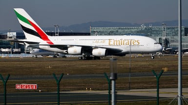 An Emirates plane with German tourists back from the Middle East arrives from Dubai at the airport in Frankfurt. Reuters
