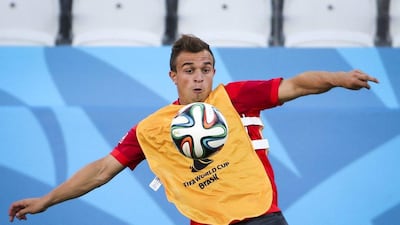 Switzerland's Xherdan Shaqiri shown during a training session on Monday ahead their match on Tuesday against Argentina at the 2014 World Cup. Diego Azubel / EPA / June 30, 2014