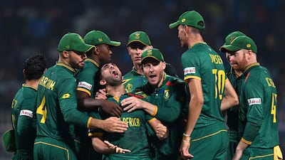 South Africa's Tabraiz Shamshi celebrates the wicket of Australia batter Marnus Labuschagne for 18. AFP
