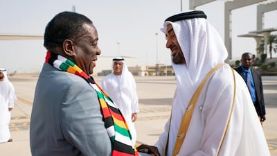 Sheikh Mohamed bin Zayed, Crown Prince of Abu Dhabi and Deputy Supreme Commander of the UAE Armed Forces, greets Emmerson Mnangagwa, President of Zimbabwe. Ryan Carter for the Ministry of Presidential Affairs