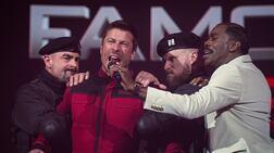 Glen Powell, second right, and Colman Domingo, right, face off in The Running Man. Photo: Paramount Pictures