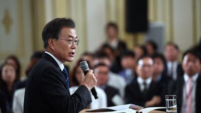 South Korea's president Moon Jae-in speaking at a press conference marking his first 100 days in office at the presidential house in Seoul on August 17, 2017. Mr Moon says there will be no war on the Korean peninsula. Jung Yeon-Je/AFP Photo