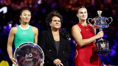 Aryna Sabalenka with runner-up Qinwen Zheng and former tennis player Evonne Goolagong Cawley. Reuters