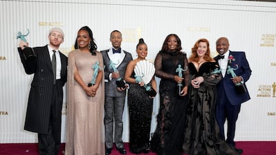 From left: Chris Perfetti, Sheryl Lee Ralph, Tyler James Williams, Quinta Brunson, Janelle James, Lisa Ann Walter and Stanford Davis won best ensemble in comedy series for Abbott Elementary. AP
