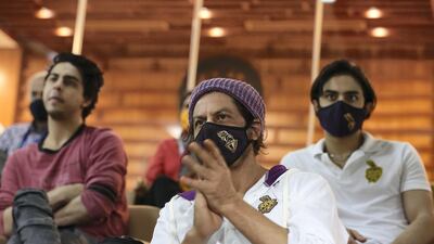 Shah Rukh Khan cheers the Kolkata Knight Riders at the Sharjah Cricket Stadium. Sportzpics for BCCI