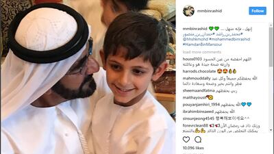 A screen grab from Sheikha Alyazia bint Mohammed bin Rashid's official Instagram account showing Sheikh Mohammed bin Rashid, Vice President and Ruler of Dubai, with her son Sheikh Hamdan bin Mansour bin Zayed.