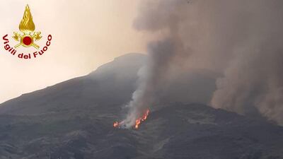 The eruption caused a fire on the hillside of the Stromboli volcano. AFP