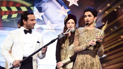 From left, Saif Ali Khan, Kalki Koechlin and Deepika Padukone in Tampa. Jewel Samad / AFP