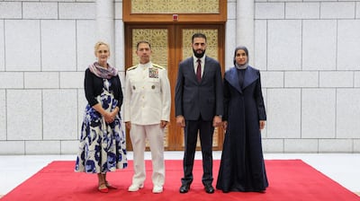 Ahmad Al Shara and his wife Latifa Al Droubi with US Centcom chief Admiral Brad Cooper and his wife Susan Cooper in Damascus. Photo: Sana / X