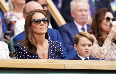 The Duchess of Cambridge with Prince George in the Royal Box on day fourteen of the 2022 Wimbledon Championships at the All England Lawn Tennis and Croquet Club, Wimbledon. Picture date: Sunday July 10, 2022.
