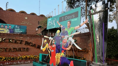 Cutouts of players outside the Gaddafi Stadium in Lahore ahead of the seventh season of PSL. AP